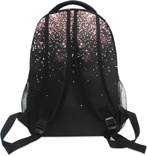 Vista 5 de Pfrewn Mochilas de oro rosa con purpurina negra para niñas, adolescentes y mujeres, mochila escolar para niños y estudiantes