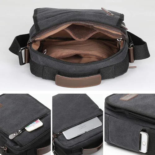 Vista 5 de XINCADA Bolso de mensajero para hombre, bolso de hombro de lona, bolso de viaje, bolso cruzado para el trabajo, negocios, Carbón negro