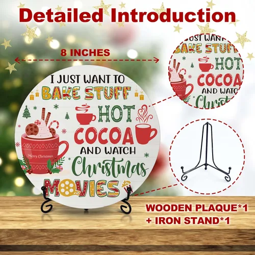 Vista 2 de Decoraciones navideñas para el dormitorio del hogar, letrero redondo de madera de cacao caliente con soporte de hierro para estante de mesa de Hot