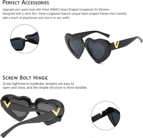 Vista 4 de WMAO Gafas de sol en forma de corazón para mujer, retro, moda fiesta, elegante, protección UV400