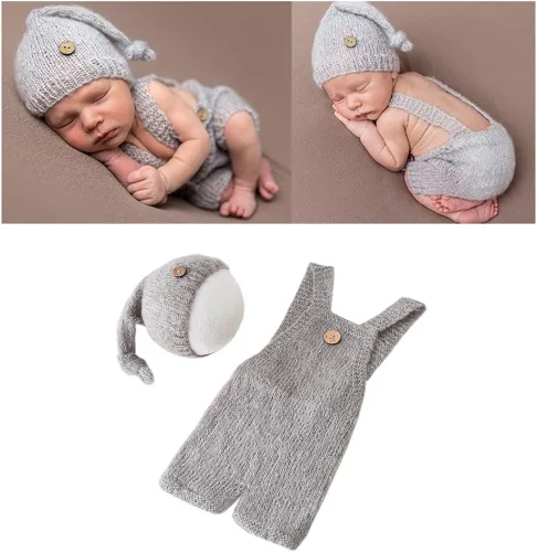 Vista 4 de Vemonllas Lindo disfraz de bebé recién nacido para niños y niñas, accesorios de fotografía, sombrero y pantalones