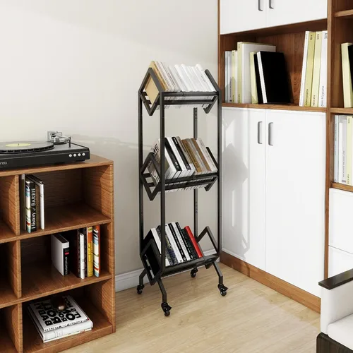 Vista 6 de VENNQD Estantería de metal industrial para libros, soporte de 3 niveles con ruedas, diseño moderno y elegante, revistas, archivos, álbum de recetas