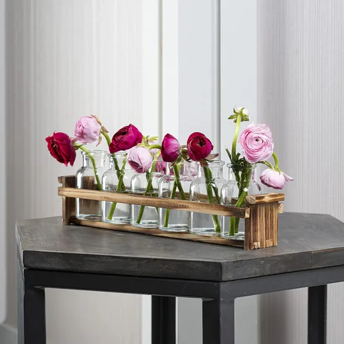 Vista 6 de Hermoso jarrón de cristal con soporte de madera para plantas y 6 jarrones de brotes, botellas de vidrio decorativas para decoración del hogar
