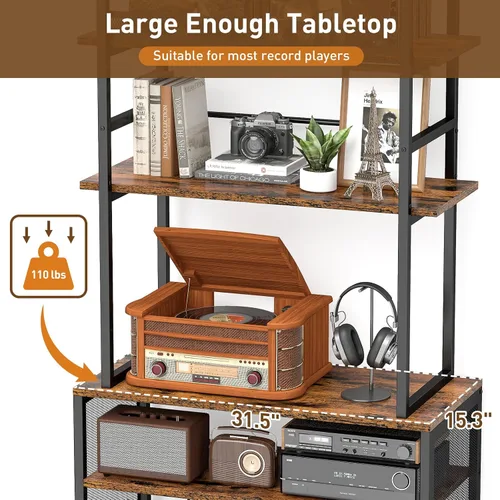 Vista 5 de ikkle Soporte grande para tocadiscos con estante de almacenamiento de vinilo, mesa de tocadiscos de 5 niveles de alto con estante de exhibición