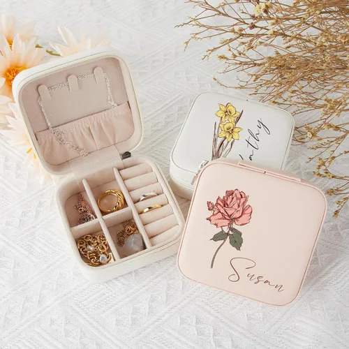 Vista 3 de Joyero de viaje para mujer, joyero de flores de nacimiento, organizador personalizado de flores de nacimiento, pequeño joyero de viaje para viajar