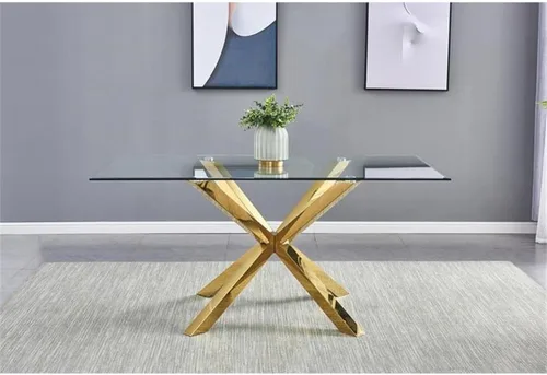 Vista 4 de Best Quality Furniture Mesa de comedor rectangular de cristal transparente de 63 x 39 pulgadas con base de acero inoxidable dorado