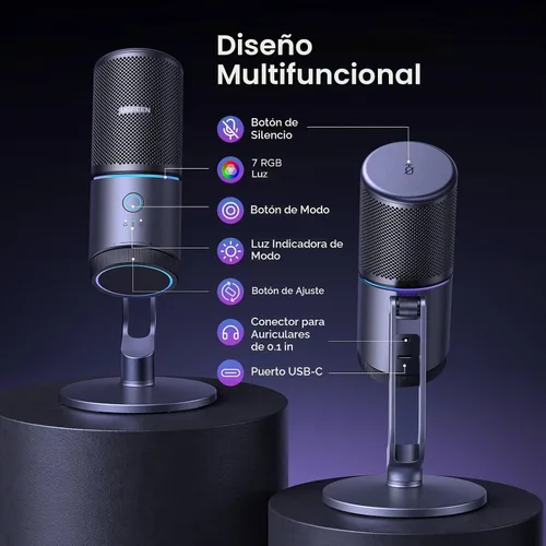Vista 6 de UGREEN Micrófono para PC, micrófono para juegos USB con luces RGB, 24bit/96kHz