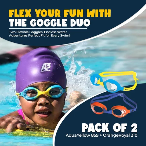 Vista 4 de A3 Flex Youth Swim Goggles 3-10 Leak-Free & Comfortable Kids Swim Goggles Easy Adjust Split Head Straps