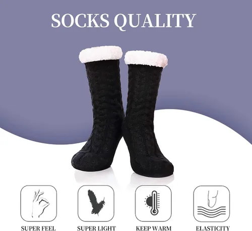 Vista 5 de SDBING - Calcetines de invierno para mujer, supersuaves, cálidos, acogedores, mullidos, y forrados con vellón y suela antideslizante
