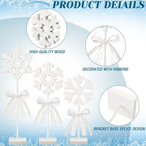 Vista 3 de Blulu 3 piezas de decoración de copo de nieve de madera de Navidad de color blanco de pie de invierno, decoración de Navidad para accesorios
