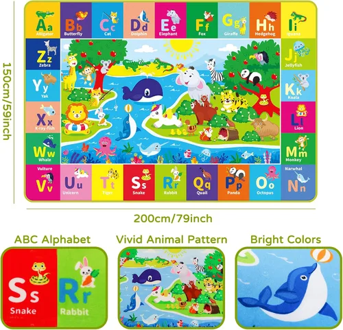 Vista 2 de Alfombra infantil de 5 x 7 pies para sala de juegos, alfombra de juegos con ABC y animales, alfombra antideslizante súper suave para suelo, tapete