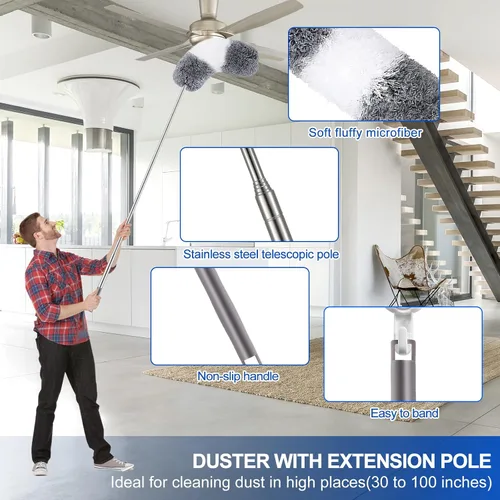 Vista 2 de Kit de plumero de microfibra (11 piezas) – Plumeros lavables con poste de extensión (30 a 100 pulgadas) para limpiar techos, ventiladores, muebles