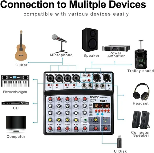 Vista 2 de BOMGE Mezclador de sonido de audio de 6 canales – Consola de mezcla de DJ digital profesional para transmisión en vivo, karaoke y grabación estéreo