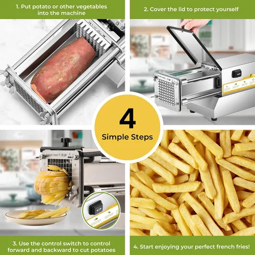 Vista 7 de Cortador de patatas fritas eléctrico de acero inoxidable profesional con 4 cuchillas para uso comercial, doméstico y pepinos, zanahorias, batatas