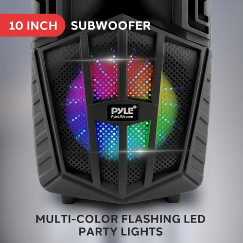 Vista 5 de Pyle 680W Portable Bluetooth PA Speaker - 10" Rechargeable Outdoor Karaoke Speaker, Audio System w/Wireless Mic and Wheels, TWS, Lights, LED