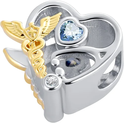 Vista 2 de QeenseKc Enfermera Doctor - Estetoscopio con forma de corazón y circonita cúbica para pulsera Pandoa