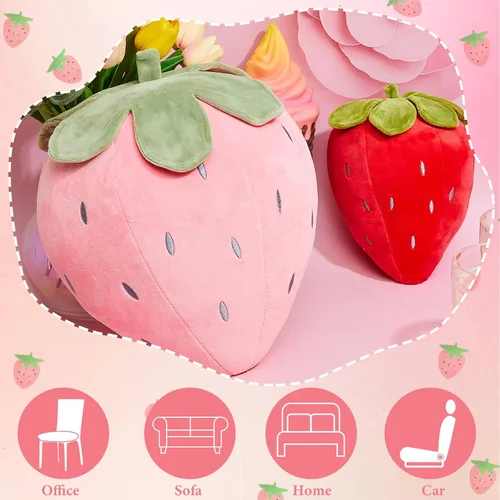 Vista 5 de Juexica 2 piezas de almohada de fresa de 15.7 pulgadas 9.8 pulgadas, almohada de felpa de fruta, suave decoración de dormitorio de fresa kawaii
