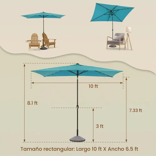 Vista 7 de MONDAWE Paraguas rectangular de mercado con luces LED solares de 10 x 6.5 pies para exteriores, sombrilla de patio con manivela, sombrilla de mesa