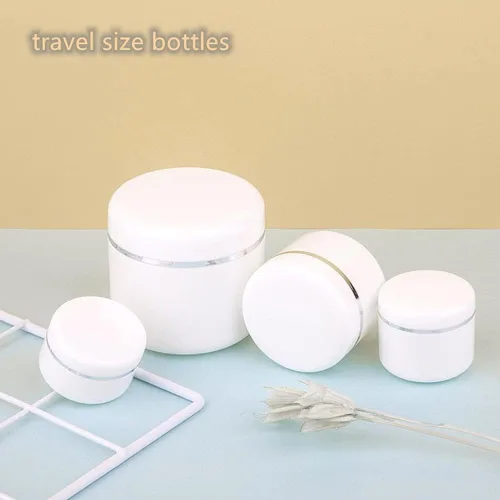 Vista 7 de Recipientes de viaje de plástico vacíos para artículos de tocador, pequeños frascos de muestra con tapa de rosca de borde plateado, recipientes