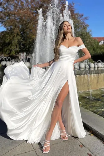 Vista 3 de Mouccy Vestidos de graduación de satén con hombros descubiertos para mujer, con abertura, vestido largo formal con bolsillos, XF010