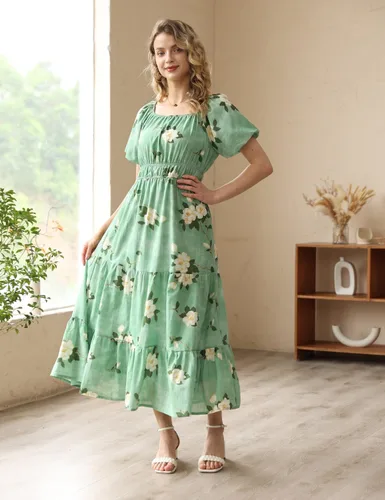 Vista 3 de YESNO Vestido floral casual de verano 2023 para mujer, cuello cuadrado, manga corta, cintura ceñida, maxi vestido con bolsillos, E11