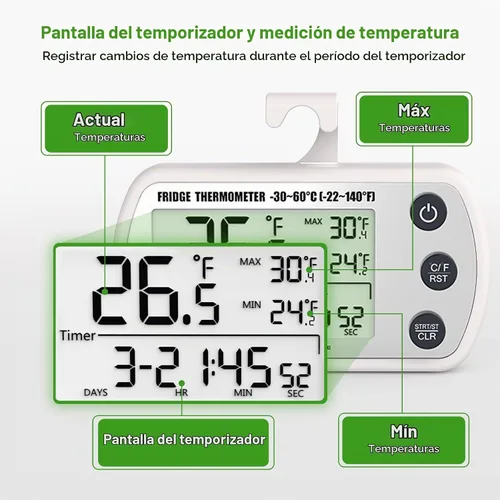 Vista 3 de Termómetro digital para refrigerador, paquete de 2, termómetro impermeable para refrigerador, termómetro congelador de pantalla grande de 2.25 Blanco