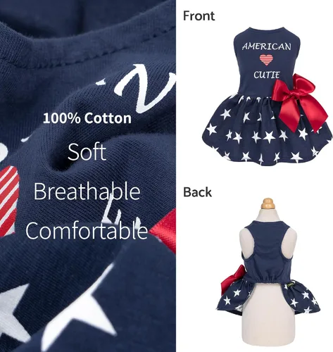 Vista 3 de Fitwarm Ropa de perro 100% algodón American Cutie para el 4 de julio, ropa para perros del Día de los Caídos, vestidos patrióticos, vestido de Cutie