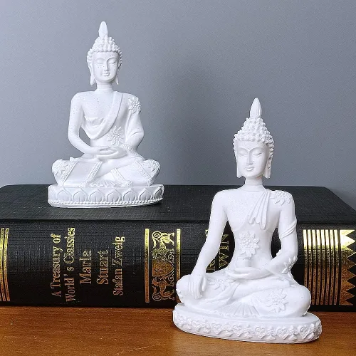 Vista 4 de HYFAN Estatua armoniosa de meditación de Buda de piedra arenisca para manualidades, escultura de Feng Shui, decoración para el hogar, oficina
