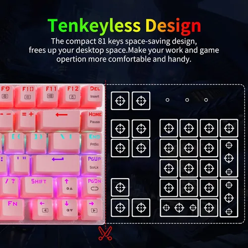 Vista 6 de HUO JI Z-88 Teclado mecánico para juegos, retroiluminación LED, 81 teclas, teclado compacto USB con cable, interruptores marrones, rosa
