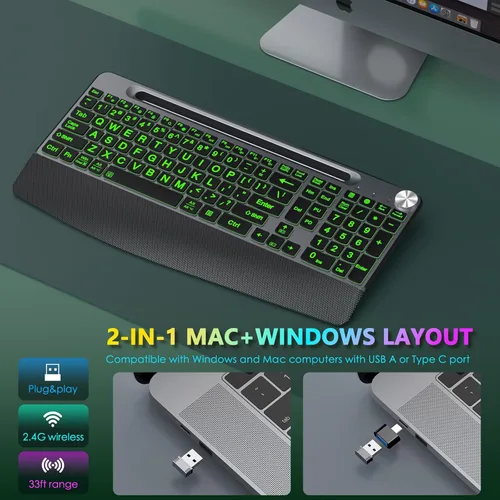Vista 6 de JOYACCESS Large Print Backlit Wireless Keyboard,2.4G Full Size Ergonomic Keyboard with Wrist Rest, 7-Color Light up and Oversiez Letter for Computer