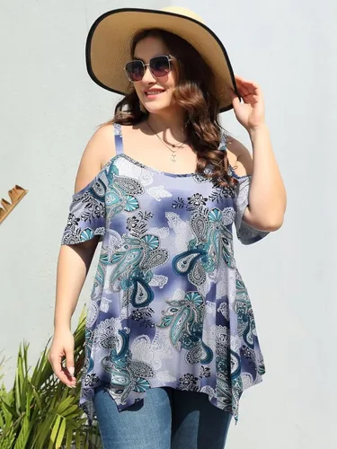 Vista 2 de LARACE Tops de hombro descubierto para mujer, ropa de verano con tirantes delgados, túnica de gran tamaño, blusa asimétrica de talla grande