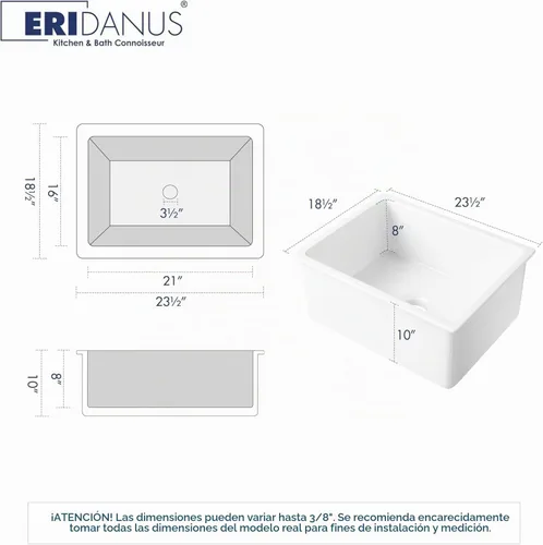 Vista 3 de Eridanus - Fregadero de cocina rectangular de cerámica (23.5 x 18.5 pulgadas)