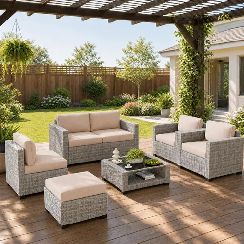 Vista 11 de Juego de 7 muebles de patio al aire libre, sofá seccional al aire libre, muebles de mimbre para patio, juego de conversación de patio con mesa