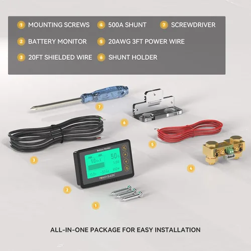 Vista 8 de power queen Monitor de batería de 500 A con derivación, alarma programable, rango de voltaje de 8 V-120 V, pantalla LCD, cable blindado de 20 pies