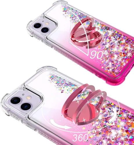 Vista 4 de Bling Moving Liquid Floating - Carcasa para iPhone 11 con soporte, color rosa Corazón brillante, TPU, cascada en movimiento, anillo de rotación