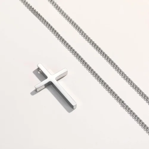 Vista 2 de Collar de cruz para mujeres y hombres, de acero inoxidable, chapado en oro de 18 quilates, cadena de caja con colgante de cruz negra, plata simple