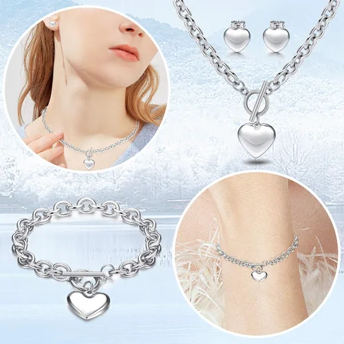 Vista 5 de LOYALLOOK Juego de 3 piezas de collar con dije de corazón, cadena de palanca, aretes de corazón para mujer, de acero inoxidable, conjunto de joyas