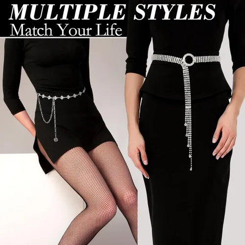 Vista 3 de 2 Pieces Rhinestone Belt for Women Shiny Crystal O-Ring Waist Belts for Dress Diamond Chain Belt for Ladies Dress Gift