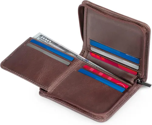 Vista 4 de Otto Angelino Cartera plegable con cremallera para hombre con bloqueo RFID, piel de vaca italiana, comodidad de viaje delgada, soporte para tarjeta