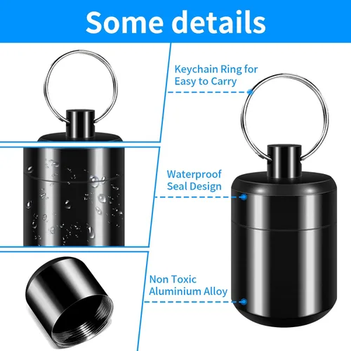 Vista 3 de Llavero pastillero - Organizador de pastillas pequeño, pastillero impermeable, llavero portátil con anillo para bolso (negro)