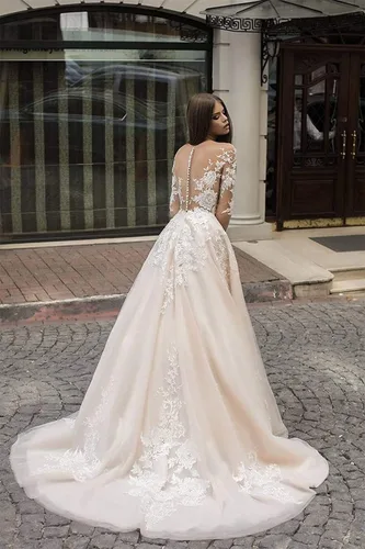 Vista 3 de Vestidos de novia de encaje para novia apliques de tul vestido de baile de manga larga vestido de novia de satén vestido de novia de sirena de noche