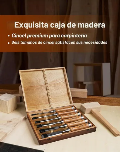 Vista 3 de EZARC Juego de herramientas de cincel de madera de 6 piezas, kit de cincel de tallado de carpintería con estuche de madera prémium para carpintero