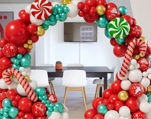 Vista 6 de AobkDeco Kit de arco de guirnalda de globos de Navidad, 153 unidades, globos de papel de aluminio de caramelo, globos de bastón de caramelo, globos