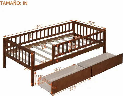 Vista 2 de Harper & Bright Designs Sofá cama de tamaño individual con dos cajones, marco de cama de madera con plataforma individual para niños con Nogal