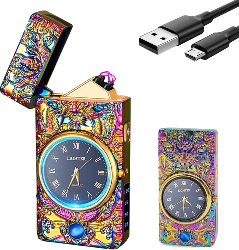 Vista 17 de GADATOP Encendedor eléctrico recargable a prueba de viento, encendedor de plasma con alivio de delfines 3D, reloj integrado con luz LED para uso
