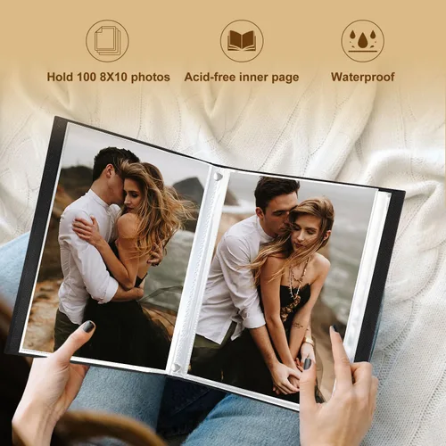 Vista 5 de Lanpn Álbum de fotos de 8 x 10 pulgadas, tapa dura de lino, sin ácidos, bolsillo de carga superior, libro de fotos con fundas que sostiene 100 Negro