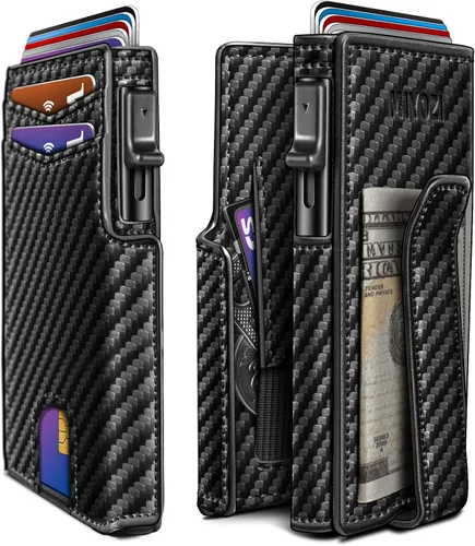 Vista 19 de miyozi Billetera para hombre, con clip para dinero, bolsillo para monedas, ventana para identificación, delgada, bolsillo frontal con bloqueo RFID