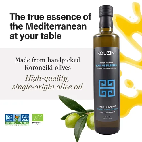 Vista 3 de Kouzini Aceite de oliva griego virgen extra sin filtrar, aceite de oliva griego extra virgen prensado en frío, origen único, alto polifenoles, sabor