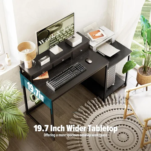 Vista 3 de SINPAID Escritorio para computadora de 47 pulgadas con estante para impresora, escritorio de juegos con soporte para monitor y cajones, escritorio