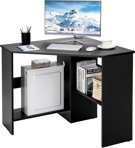 Vista 9 de Escritorio esquinero Tangkula, escritorio de computadora de 90 grados en forma de triángulo para espacios pequeños, escritorio esquinero